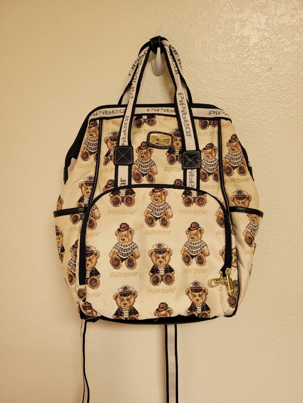 Pipi Bear Pattern Cream Canvas Backpack Diaper Bag
